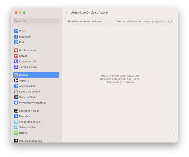 ajustes del sistema actualizacion de software